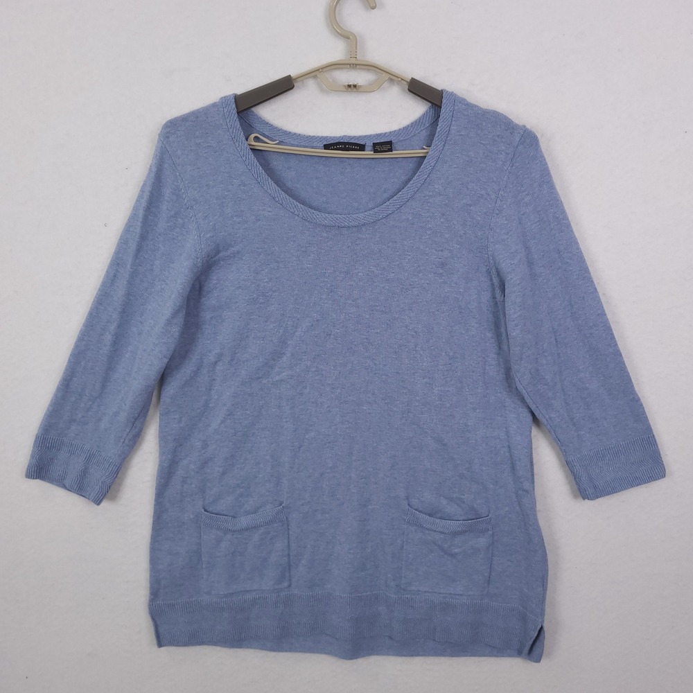 Jeanne Pierre Sweater Womens XL Blue Cotton 3/4 Sleeve Scoop Neck Pocket Knit